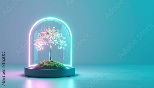 Neon glowing tree growing inside a glass dome on a table with copy space on side