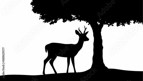 Silhouette of a deer standing near a tree with dense foliage on a white background in a nature scene