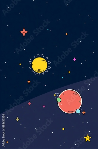 Cute Cartoon Space Illustration, Cosmic Planets Sun Stars Decorative Painting, Kids Room Decoration/Digital Art Material/Phone Wallpaper