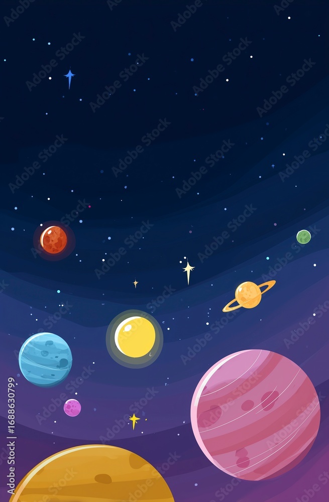 Fototapeta premium Cartoon Cosmic Space Illustration, Colorful Planets Stars Solar System, Children's Education/Decorative Painting/Digital Art Material