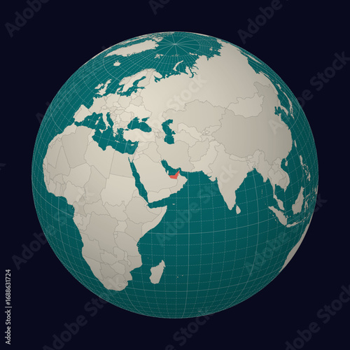 United Arab Emirates on the map. Globe centered to United Arab Emirates. Country location on the world map. Teal Pale Mint color palette. Globe with countries, meridians and parallels.
