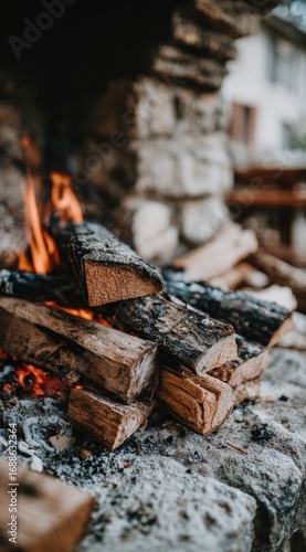 Wallpaper Mural Rustic stone fireplace with burning wood. Flames lick around stacked logs, creating warmth and light with a blurry background of a building and bench Torontodigital.ca