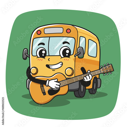 A cheerful cartoon school bus with eyes and arms plays an acoustic guitar against a green background.