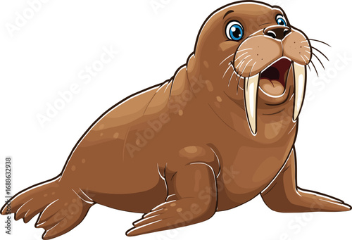 Cute cartoon walrus with big white tusks looking surprised, funny brown marine animal character vector illustration for children and design.