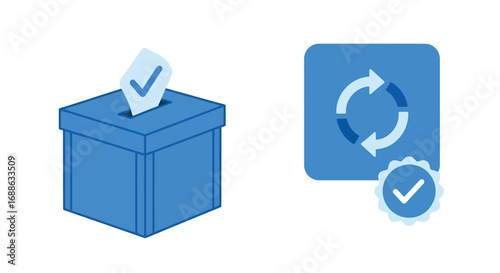 Vector illustration of blue voting box with checkmark and circular refresh icon with checkmark