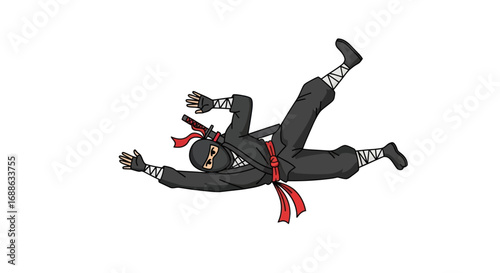 Cartoon Ninja in Mid-Air with Red Sash and Sword.