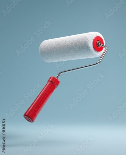 A red-handled paint roller with a white, fluffy sleeve floats against a light-blue backdrop