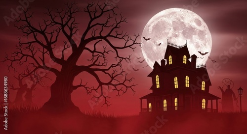 Haunted House Scene with Full Moon and Barren Tree at Night