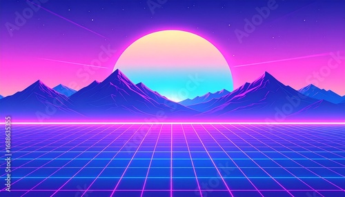 Cyberpunk Retro 80s gradient with neon grid lines