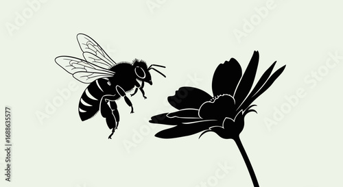 Elegant black bee approaches vibrant flower, symbolizing nature, pollination, and life in minimalist style.