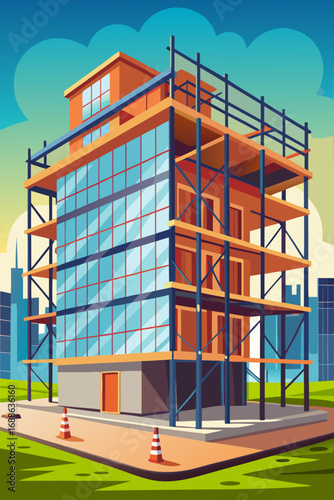 Modern building under construction with scaffolding and urban backdrop  
