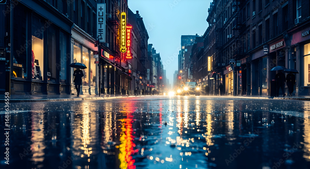 Naklejka premium Rainy city street with reflections and pedestrians