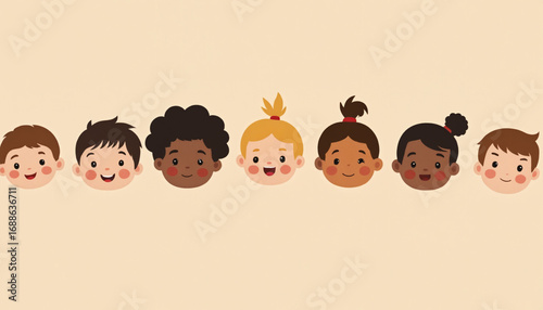 Group of multicultural schoolchildren smiling with diverse hairstyles and expressions on beige background