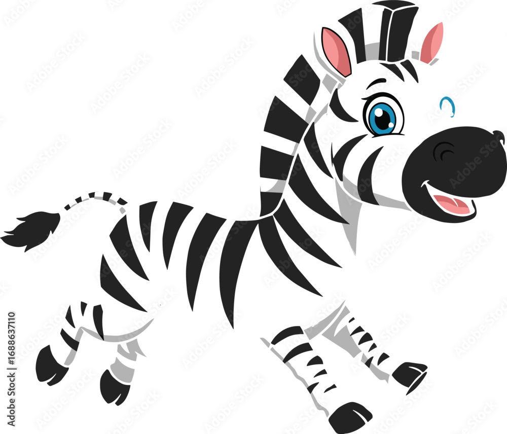 Obraz premium Cute cartoon zebra running joyfully with big blue eyes, black and white stripes, happy smiling face, playful kids vector illustration