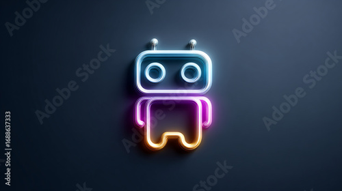 Minimalist AI Robot Icon with Blue Neon Glow - Digital Artificial Intelligence Technology Concept