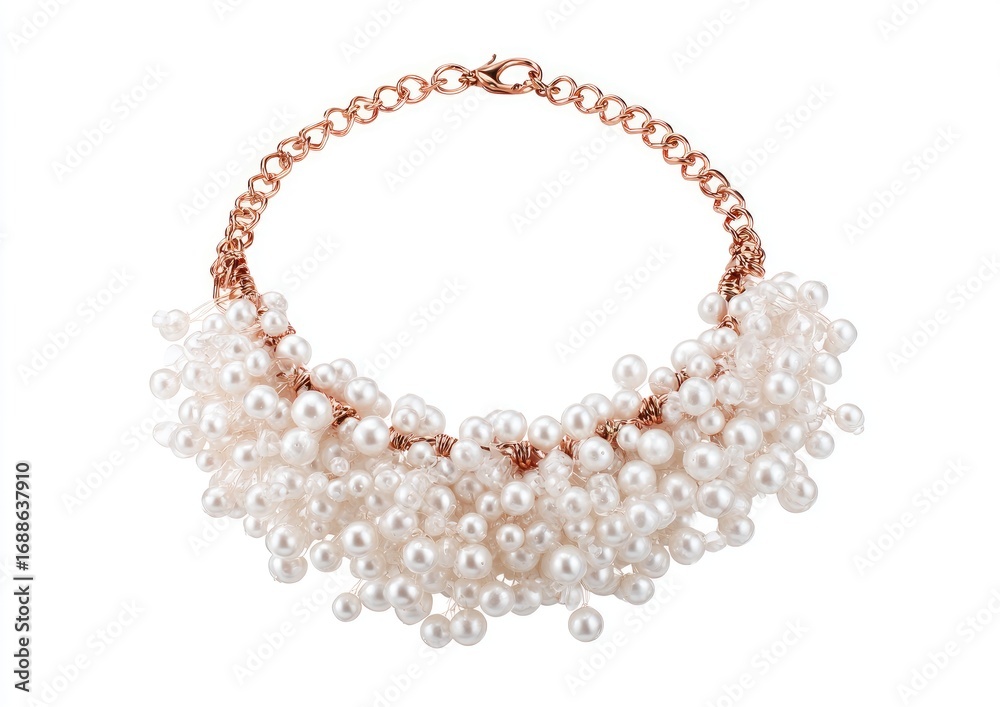 Fototapeta premium A rose gold chain necklace adorned with numerous off-white pearls, clustered densely in a cascading, bib-like design
