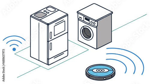 Illustration of a smart home featuring a refrigerator, washing machine, and robot vacuum cleaner, all connected wirelessly, the drawing highlights the integration of appliances