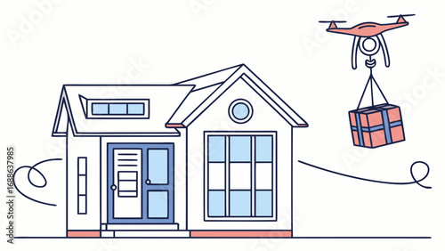 Vector art of a modern house receives a package delivery via drone, showcasing the convenience and efficiency of technology in everyday life