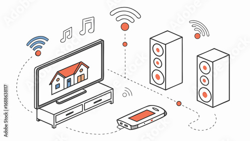 Vector art of isometric illustration of a smart home entertainment system with a tv displaying a house, speakers, and a usb drive, all connected wirelessly, showcasing modern technology
