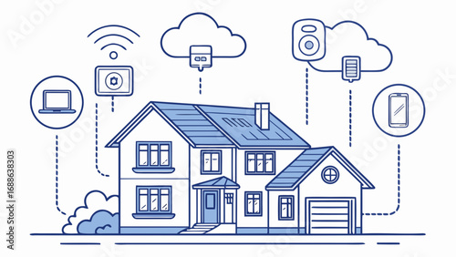 Vector art of smart home automation system concept with house, cloud storage, and various devices connected via wireless network, showcasing modern technology and convenience