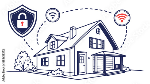 Illustration of a smart home with security system and wireless connection, depicts a modern house with advanced technology for safety and convenience