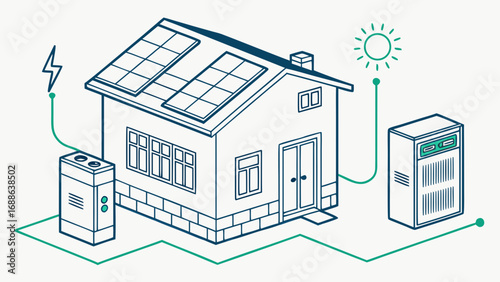Illustration of a house with solar panels on the roof, connected to a battery and an inverter, showcasing sustainable energy solutions for residential buildings