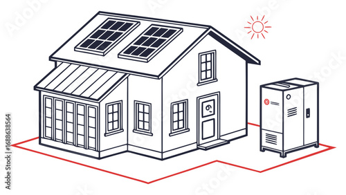 Illustration of a house with solar panels on the roof and a battery storage system, showcasing sustainable energy and ecofriendly living