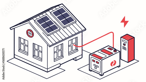 Illustration of a house with solar panels on the roof and a battery storage system, showcasing sustainable energy and ecofriendly living