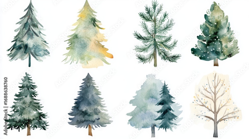 Obraz premium 71.A collection of watercolor Christmas trees, each designed in a unique style. From tall, slender trees with delicate branches to short, full-bodied trees, all are rendered in soft green tones with
