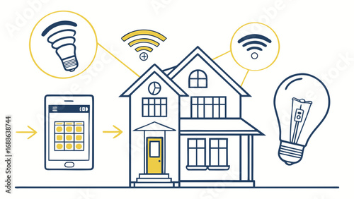 Vector art of smart home automation system concept house equipped with modern technology, controlled by smartphone app wireless connection, energy efficiency, and security