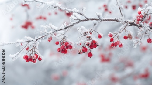 Beautiful red berries cling to frost-covered branches against a white snowy background, showcasing the serene beauty of winter. The landscape exudes a peaceful, chilly atmosphere.