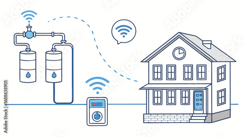 Illustration of a smart home water filtration system with wireless connectivity, showing the filtration unit, control panel, and house