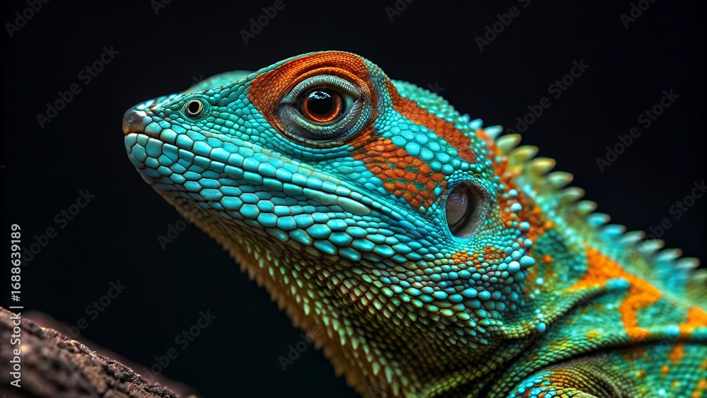 Obraz premium a rainforest reptile with iridescent scales in shades of turquoise, orange, and lime green
