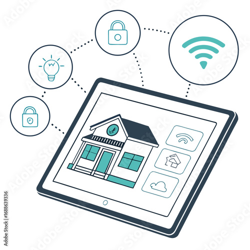Vector art of smart home control system on tablet illustration of a house connected to a cloud server, tablet, smartphone, and security cameras for automation