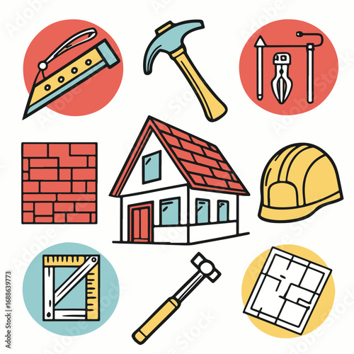 Creative illustration of construction tools and equipment, including hammer, saw, and helme,t representing building and repair concepts