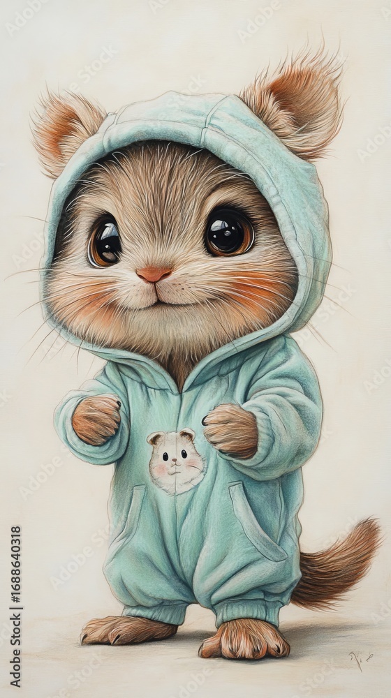 Obraz premium Cute cartoon illustration of playful beaver cub wearing orange hoodie, showcasing large eyes and charming pose, perfect for children's designs and playful themes. baby of animal on white background.