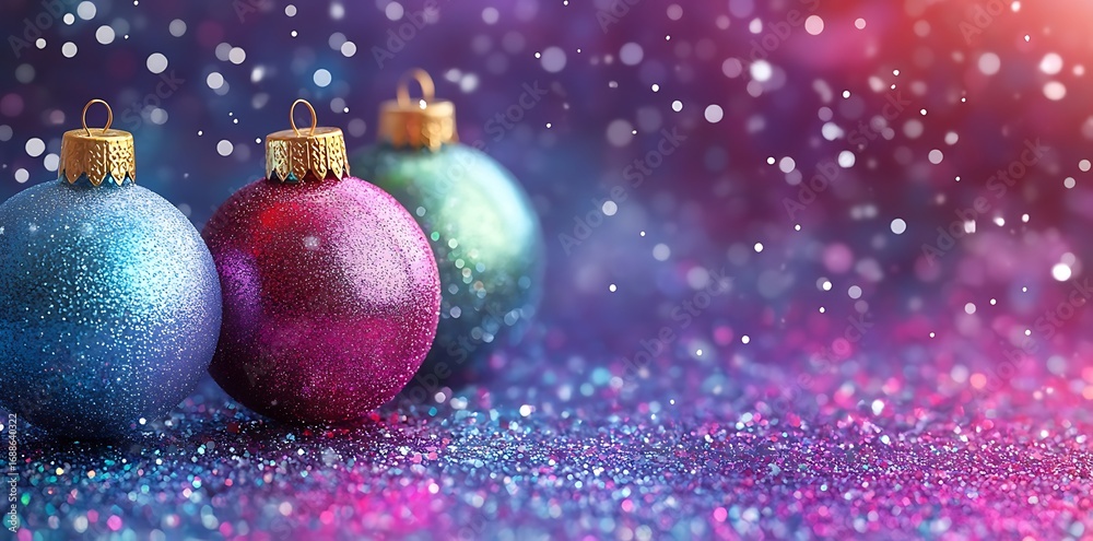 Fototapeta premium Three Glittery Christmas Ornaments in Blue Pink and Green with Bokeh image