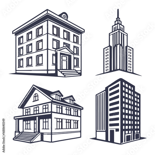 Line art illustration of city buildings and urban landscape showing modern architectural design.