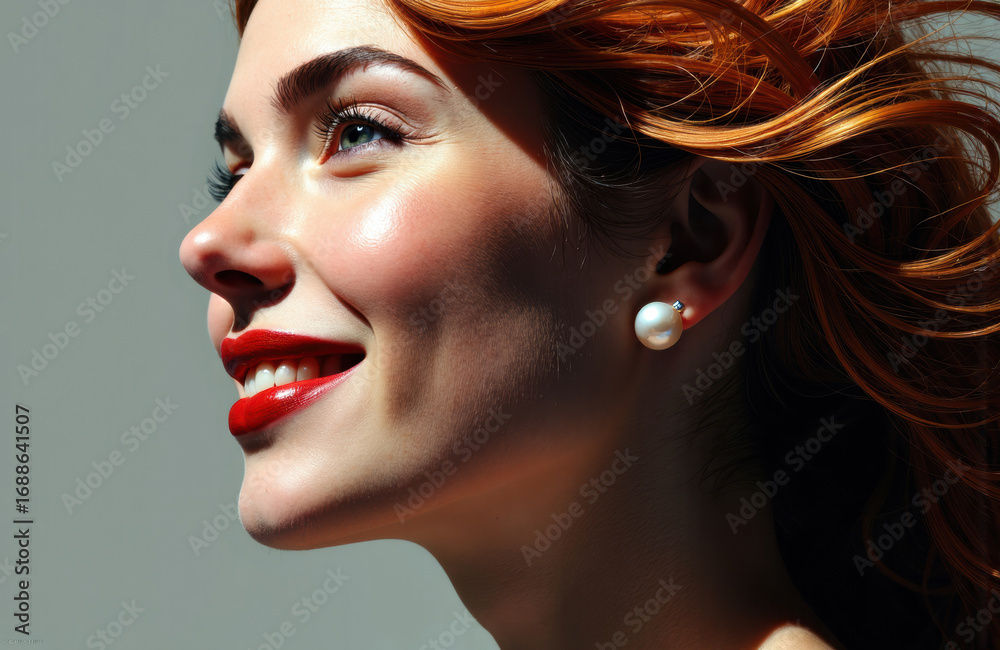Fototapeta premium Woman with red hair and pearl earring smiling brightly