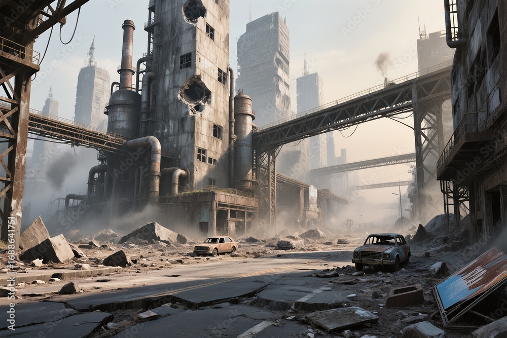 Fototapeta premium A desolate urban landscape showcasing crumbling buildings and debris, evoking a dystopian atmosphere.