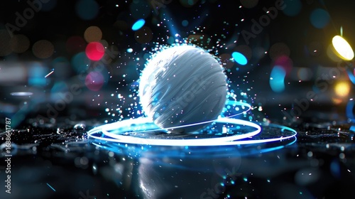 Abstract glowing sphere with vibrant blue light, particles, and reflections on dark background, creating a digital atmosphere