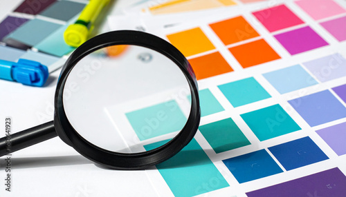 Detailed inspection of a vibrant color swatch guide with a magnifying glass for creative project selection