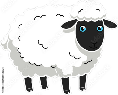Cute fluffy white sheep with black face and legs standing calmly, adorable cartoon farm animal vector illustration for kids design.