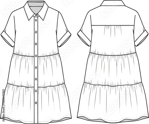 Shirt dress flat sketch, front and back view, fashion technical drawing, tiered dress design, vector CAD illustration, template