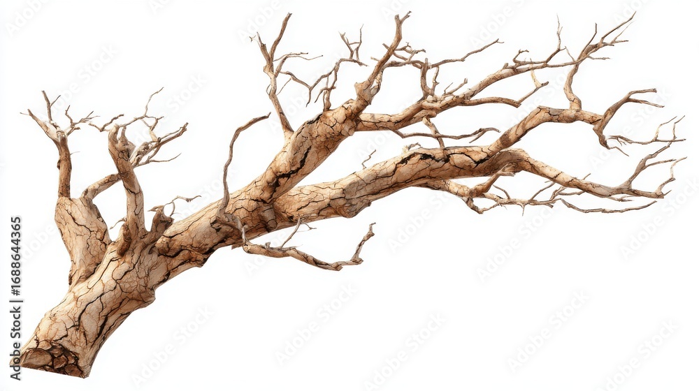 Fototapeta premium A complex dry tree branch is displayed against a white background, highlighting its twisted structure and natural textures. The branch reveals the beauty of nature in a minimalist context.
