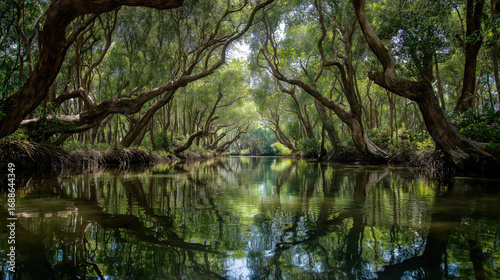 Mangrove forest with winding waterways, reflections on still water.