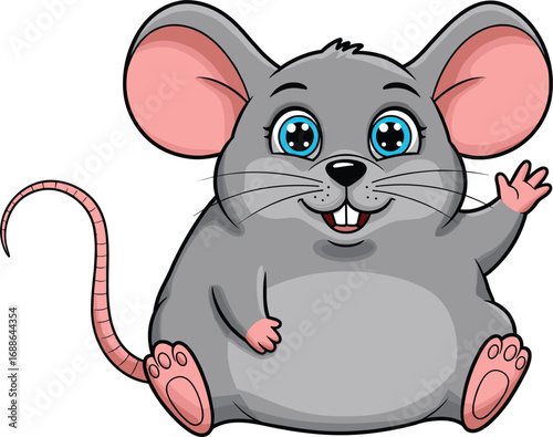 Cute happy cartoon gray mouse waving with big blue eyes, sitting chubby rodent vector illustration for children’s content