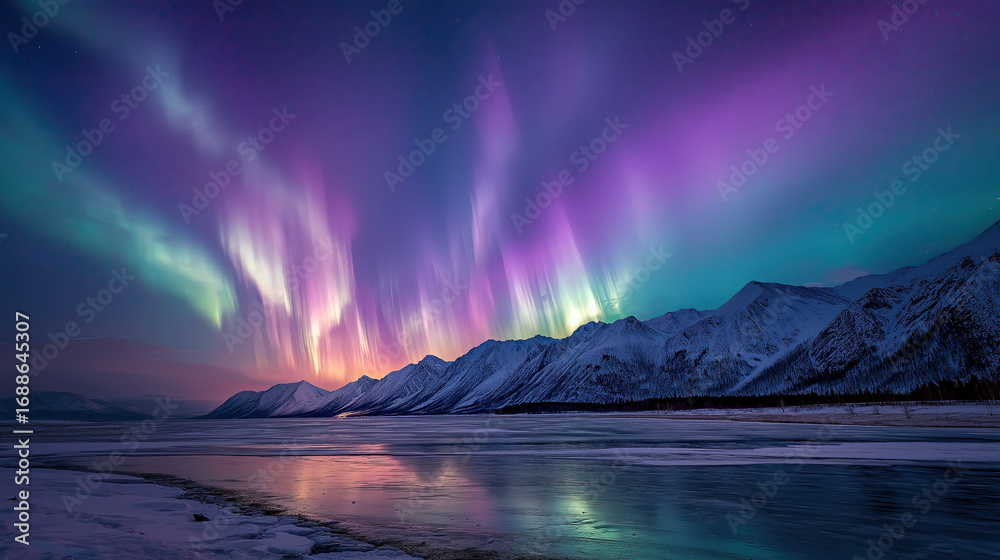 Naklejka premium Northern lights dancing above a frozen arctic landscape, magical glow.