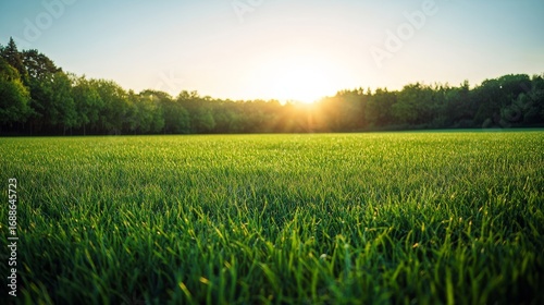 49.A sweeping, panoramic shot of a lush green field, the blades of grass glowing in the soft light of the afternoon sun. The sunlight filters through the trees in the distance, casting long, gentle
