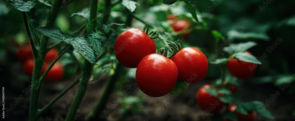 Fototapeta premium The vibrant red tomatoes hanging on lush green vines in a garden.